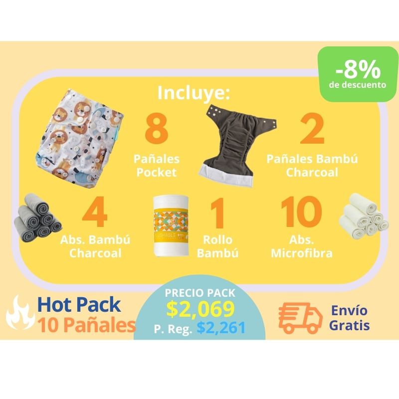 🔥 Hot Pack 10 Pañales incluye: 8 Tipo Pocket + 2 Tipo Bambú Charcoal