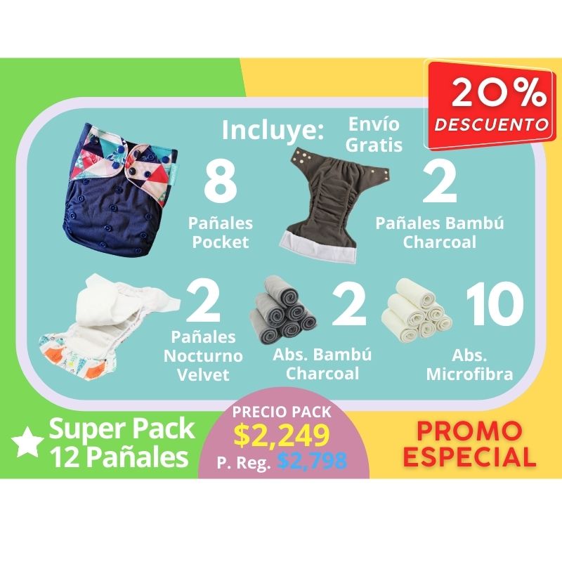 🚩 Super Pack 12 Pañales incluye: 8 Pocket + 2 Bambú Charcoal + 2 Nocturnos
