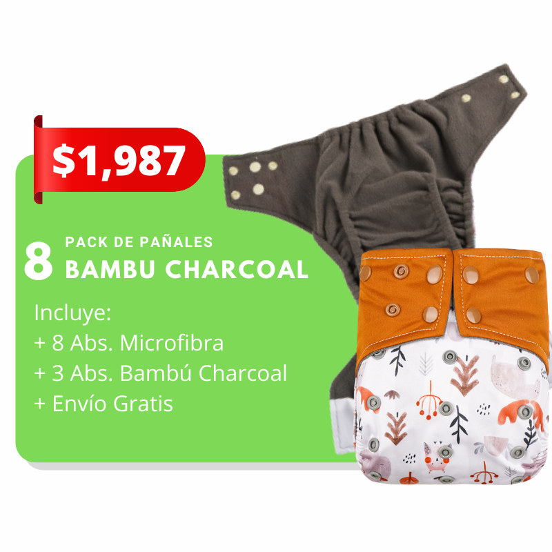 🧸 Pack 8 Pañales Bambú Charcoal incluye: 8 Pañales + 8 Abs. Microfibra + 3 Abs. Bambú Charcoal