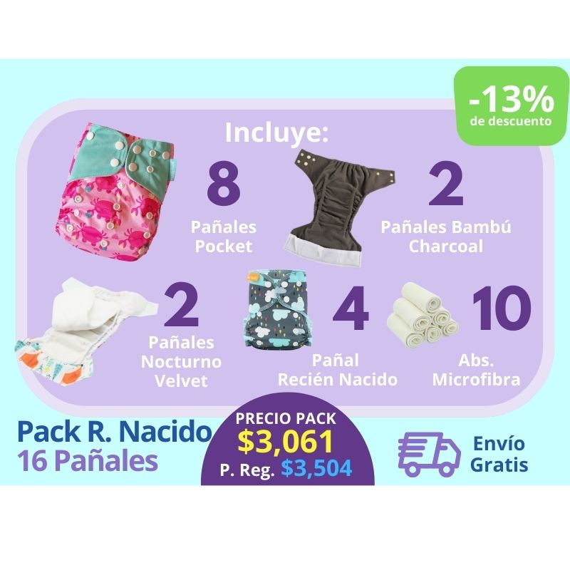 💗 Recién Nacido Pack 16 Pañales incluye: 4 Pañales Recién Nacido + 8 Pocket + 2 Bambú Charcoal + 2 Nocturnos