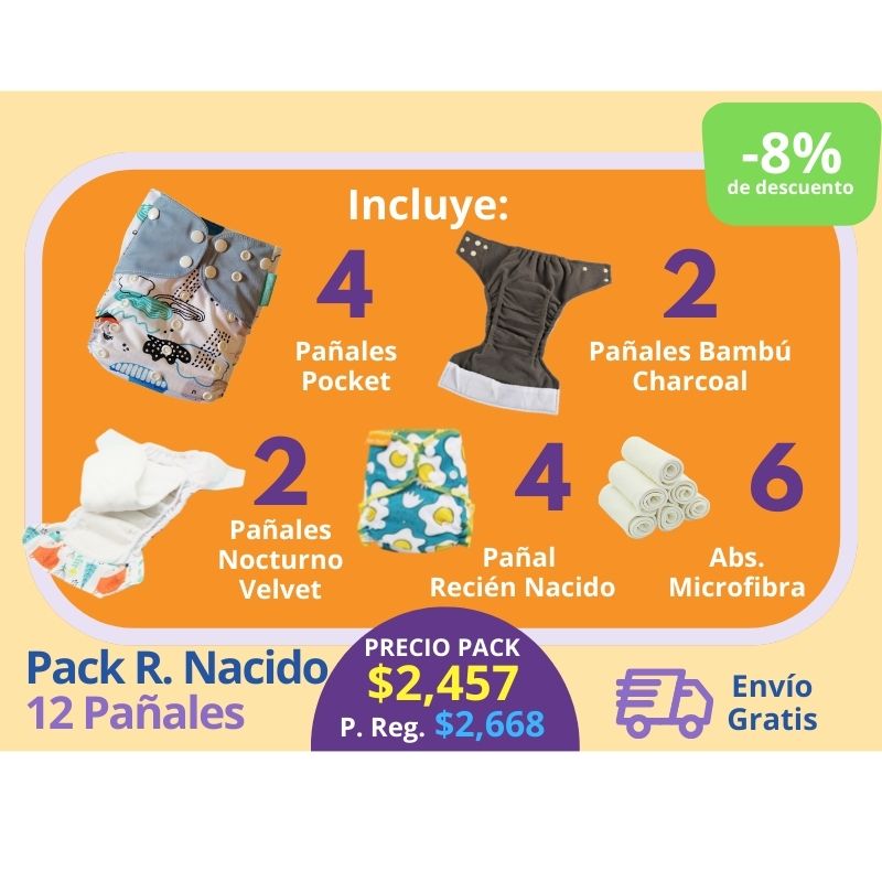 💗 Recién Nacido Pack 12 Pañales incluye: 4 Pañales Recién Nacido + 4 Pocket + 2 Bambú Charcoal + 2 Nocturnos