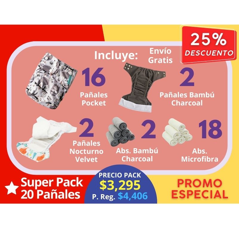🚩 Super Pack 20 Pañales incluye: 16 Pocket + 2 Bambú Charcoal + 2 Nocturnos