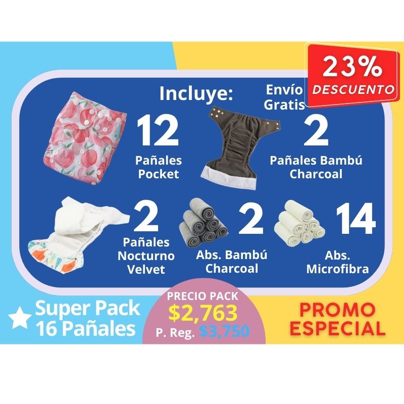 🚩 Super Pack 16 Pañales incluye: 12 Pocket + 2 Bambú Charcoal + 2 Nocturnos