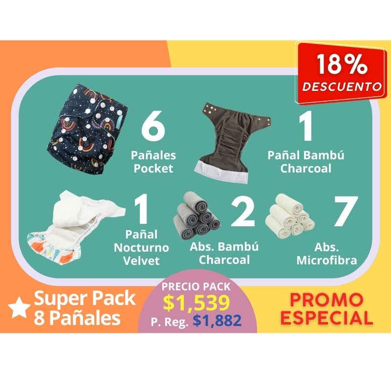 🚩 Super Pack 8 Pañales incluye: 6 Pocket + 1 Bambú Charcoal + 1 Nocturnos