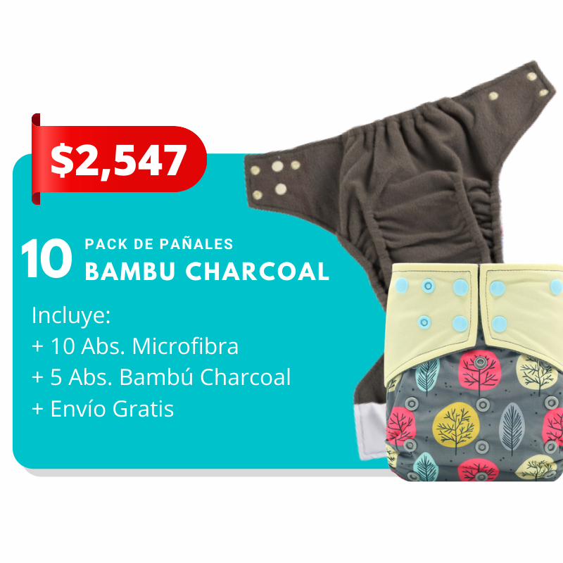 🧸 Pack 10 Pañales Bambú Charcoal incluye: 10 Pañales + 10 Abs. Microfibra + 5 Abs. Bambú Charcoal